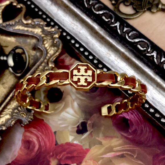 TORY BURCH • Rust Brown Woven Leather Marion Chain Cuff Bracelet - Picture 6 of 6